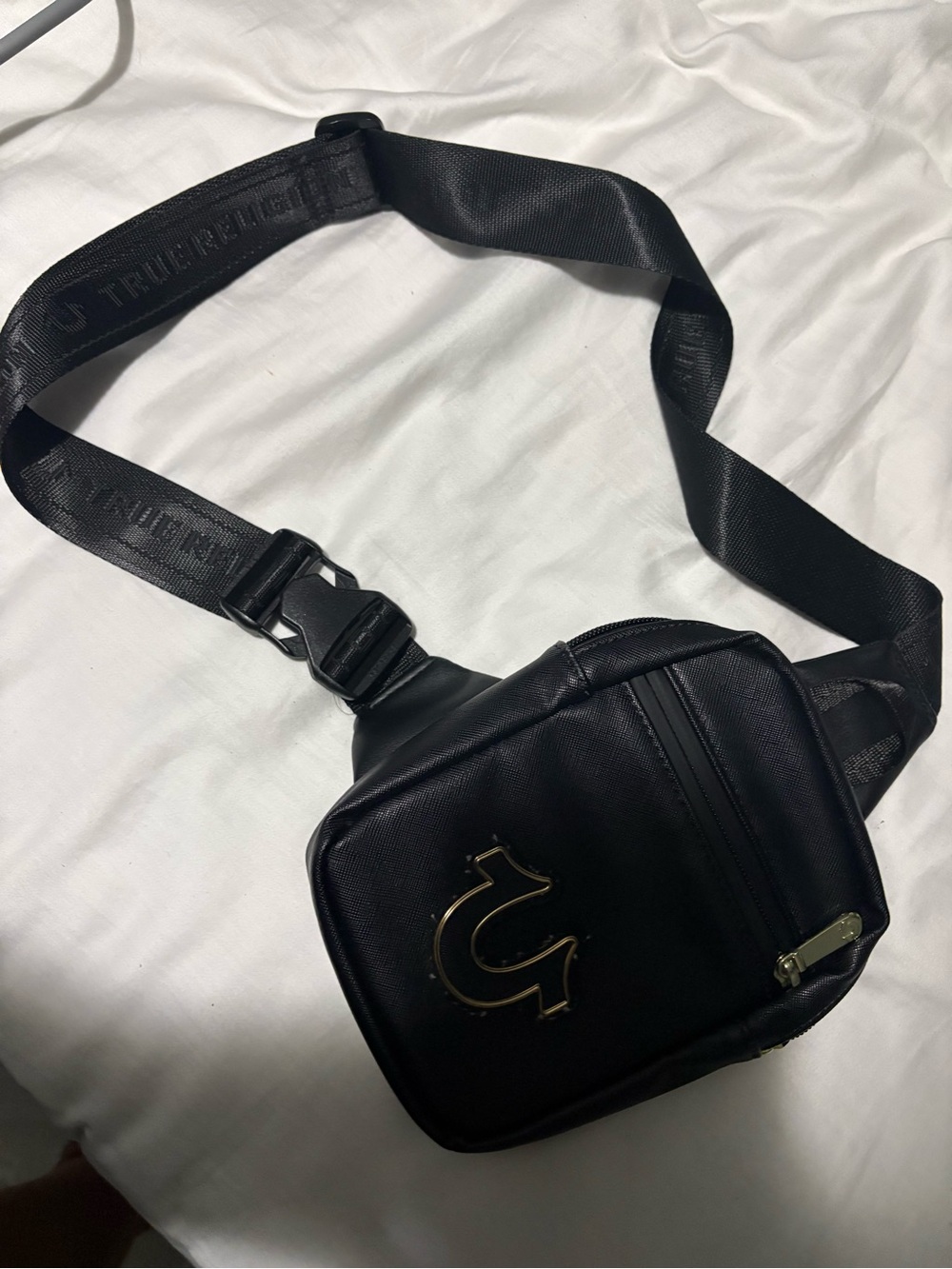 True Religion Black Crossbody Belt Bag with Gold Accent